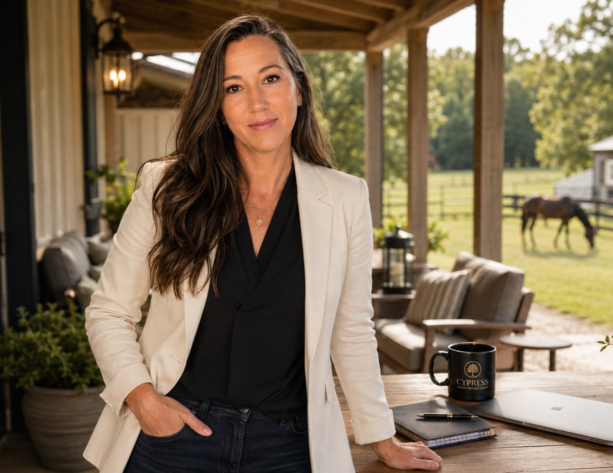 Brooke Trometer outside her North Fort Myers studio with horses in the pasture